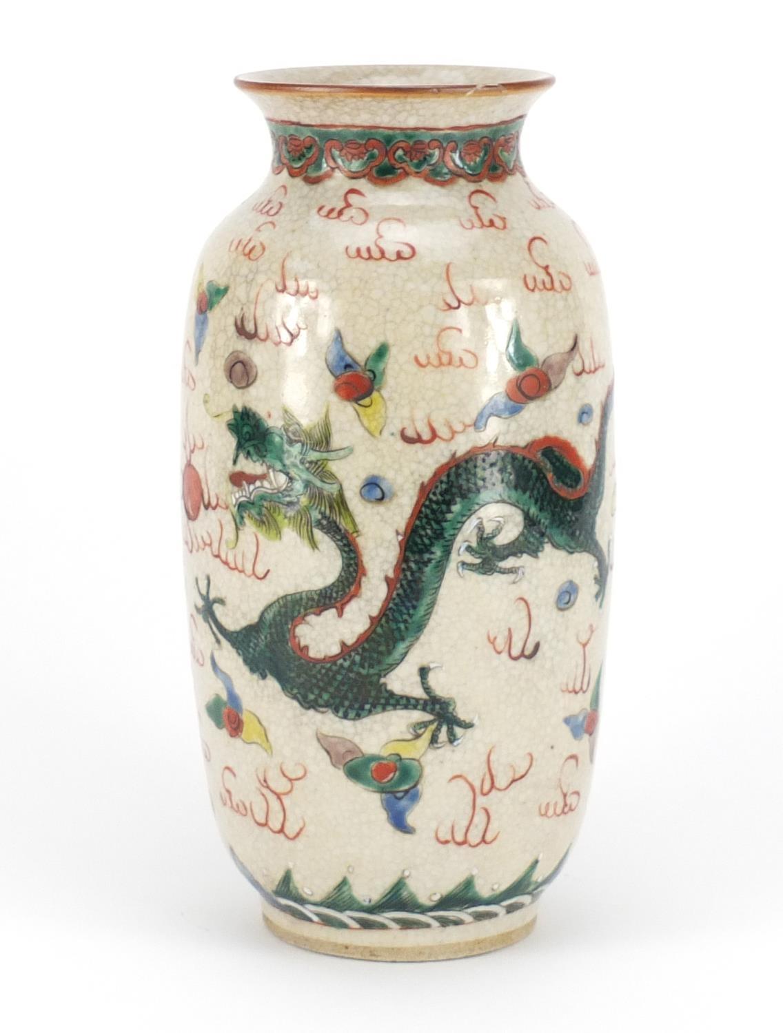 Chinese crackle glaze vase, hand painted in the famille verte palette with two dragons amongst
