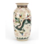 Chinese crackle glaze vase, hand painted in the famille verte palette with two dragons amongst