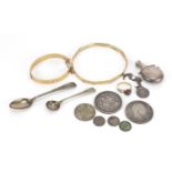 Objects including two 9ct gold metal core bangles, two silver crowns and a garnet flower head