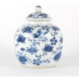 Chinese blue and white jar and cover, hand painted with birds amongst flowers, four figure character