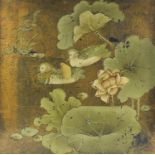 Chinese lacquered wall hanging hand painted with ducklings and lily pads, 54cm x 54cm :For Further