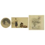 Attributed to Samuel Austin - Two pencil sketches and a watercolour of a female beside two