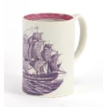 Late 18th/early 19th century Liverpool creamware mug, transfer printed with rigged sailing ship, E N