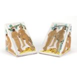 Pair of rare Art Deco Plichta pottery bookends hand painted with Adam and Eve type figures, each