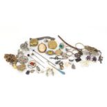 Antique and later jewellery including marcasite brooches, silver rings, cameo pendant, gold plated