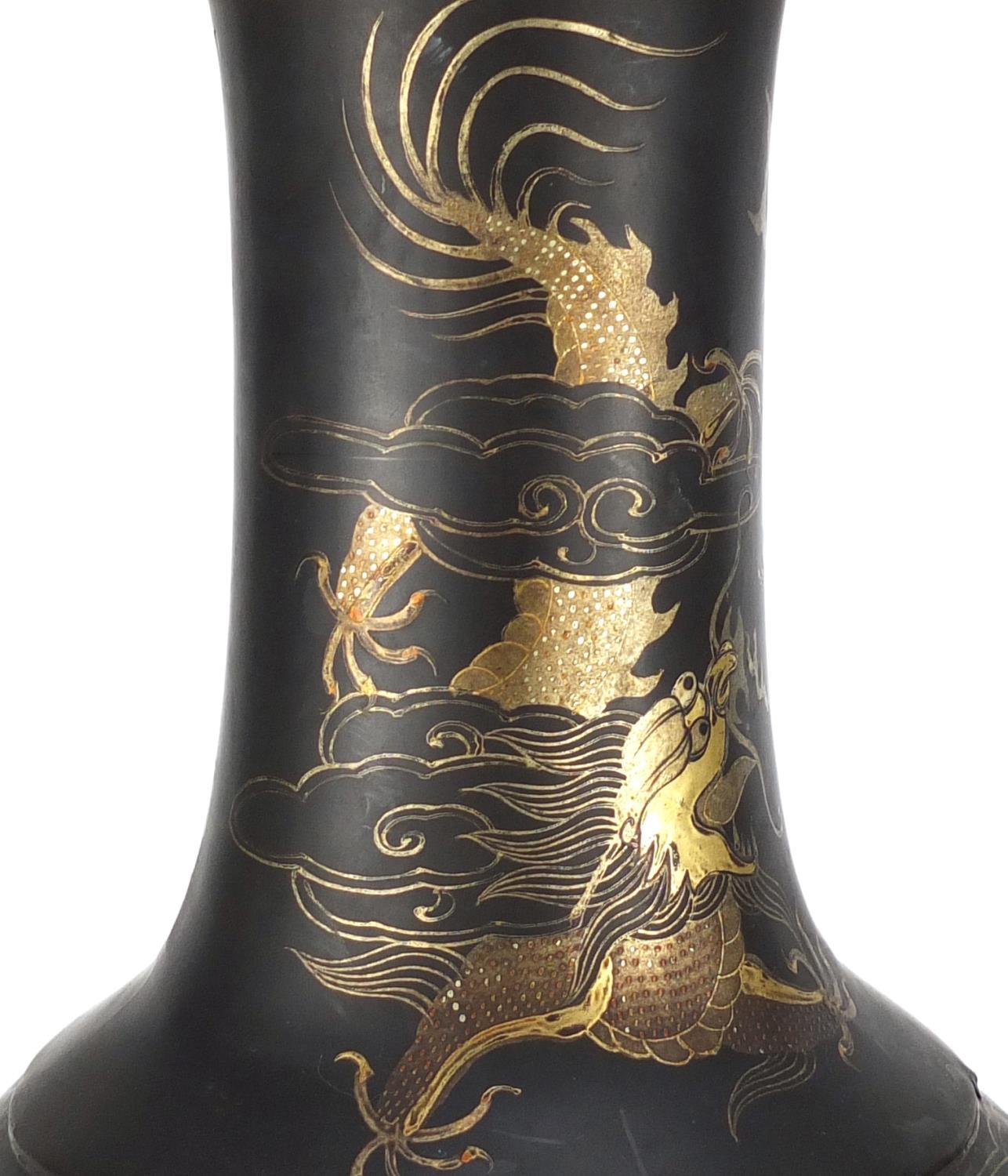 Pair of Chinese papier-mâché vases on stands, both gilded with dragons chasing the flaming pearl, - Image 9 of 23