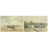 Denis Dellow 1978 - Moored fishing boats, a near pair of watercolours, mounted and framed, each 35.