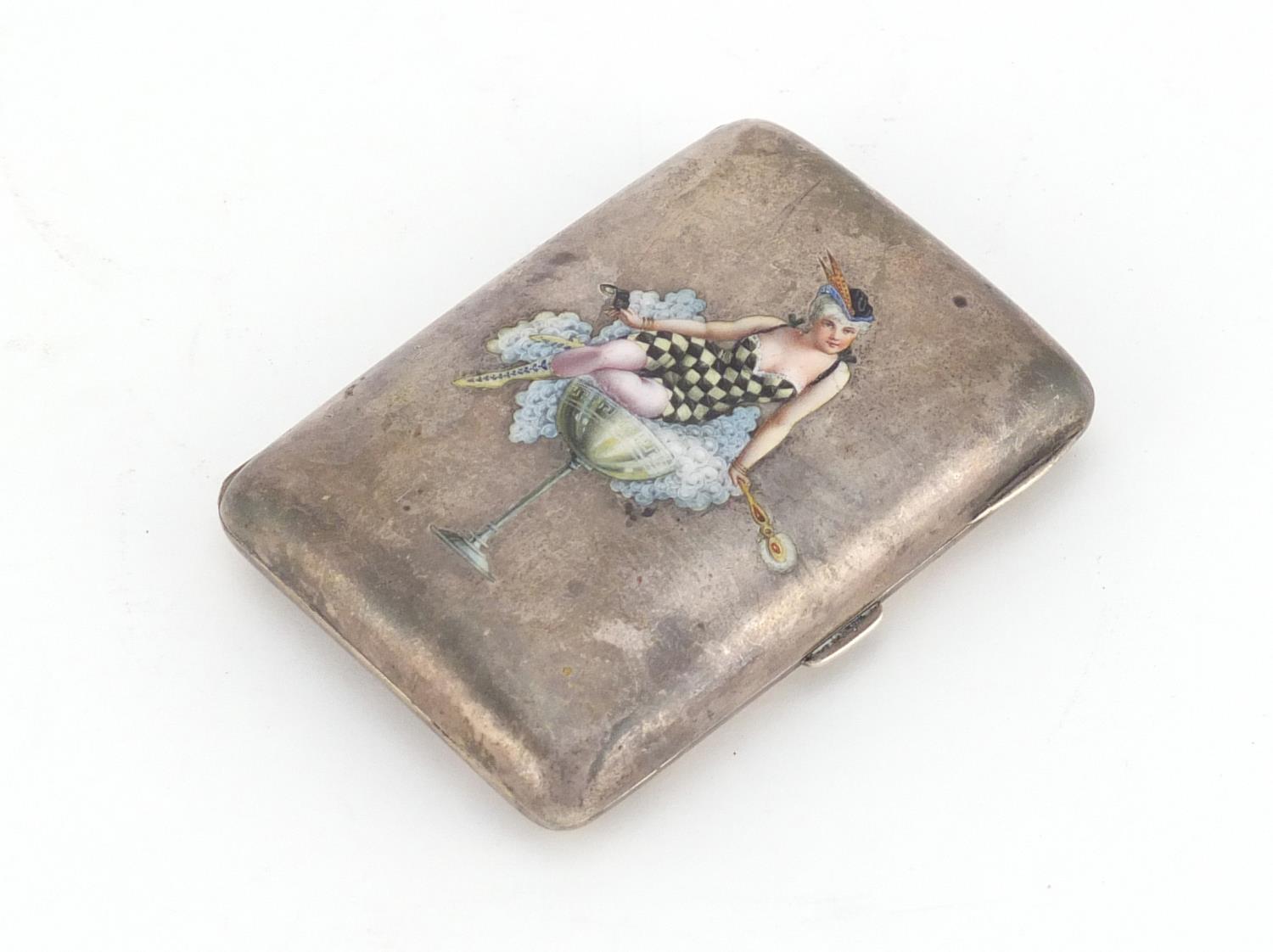 Austo-Hungarian 900 grade silver and enamel cigarette case by Georg A Scheid, enameled with a pin up