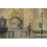 Astron Cannell - The Guard on the Street, watercolour, mounted unframed, 34.5cm x 23cm :For