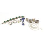 Mostly silver jewellery including a malachite bracelet, lapis lazuli bracelet, two pairs of