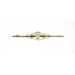 9ct gold cabochon opal bar brooch, housed in a Mappin & Webb tooled leather box, 5.5cm in length,