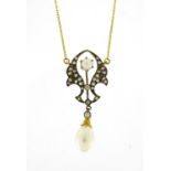 Antique style 9ct gold necklace set with diamonds and cultured pearls, 40cm in length, 4.2g :For