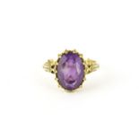 9ct gold amethyst solitaire ring with ornate shoulders, size U, 5.2g :For Further Condition
