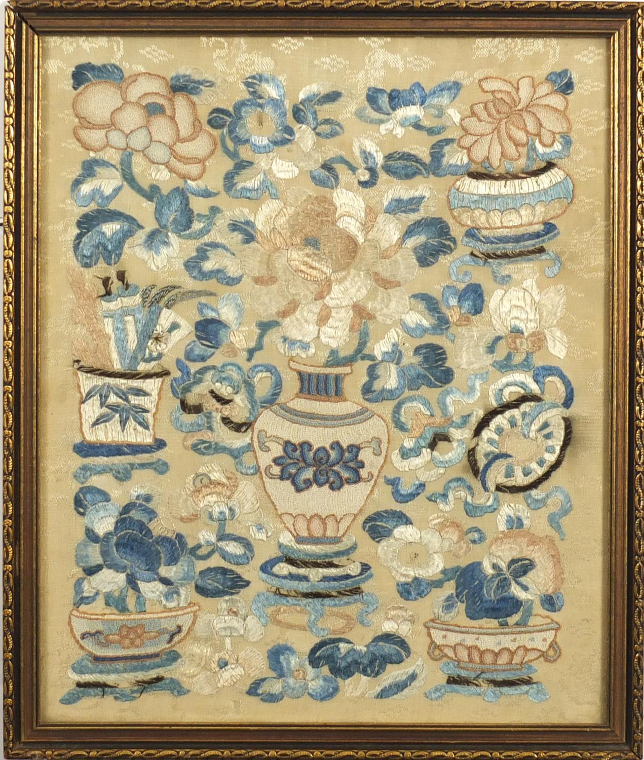 Chinese silk panel embroidered with flowers in vases, framed, 30cm x 24.4cm :For Further Condition - Image 2 of 3