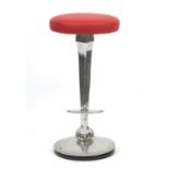 Contemporary polished aluminium bar stool with red leather seat and ball and claw support, 77cm high