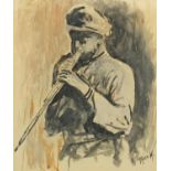 Gentleman playing a flute, watercolour and gouache, bearing a signature Muin K, mounted and