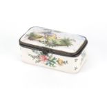 Continental porcelain trinket box, hand painted with birds and flowers, painted marks to the base,
