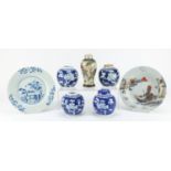 Chinese porcelain including four ginger jars hand painted with prunus flowers, shallow dish and a