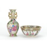 Chinese Canton porcelain bowl and vase with twin handles, each hand painted in the famille rose