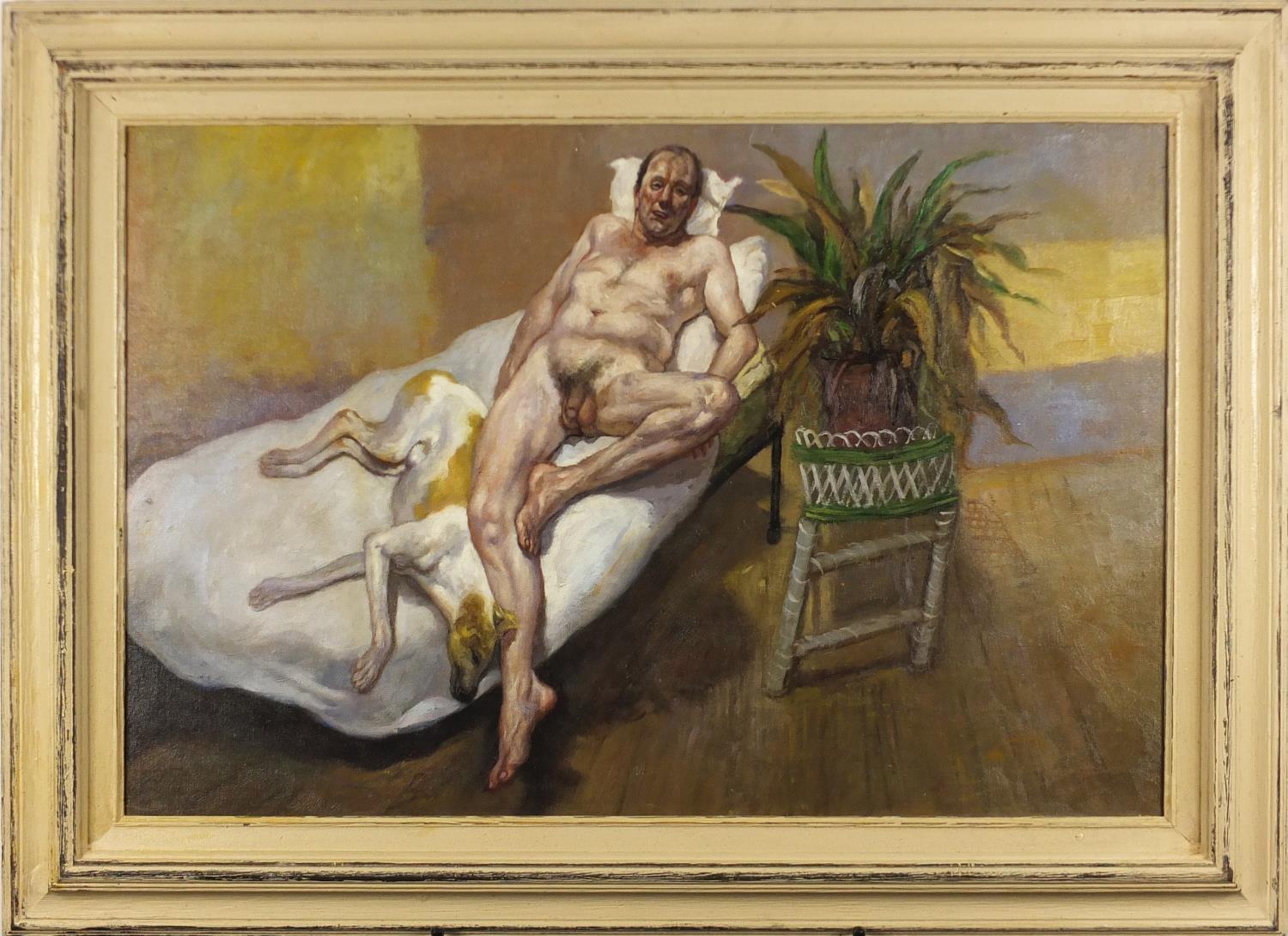 After Lucian Freud - Nude male with his dog, oil on board, framed, 75cm x 50cm :For Further - Image 4 of 8