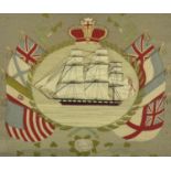 Antique Naval interest sailors wool work picture depicting a rigged ship surrounded by eight
