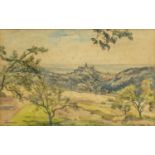 Fritz Wucherer - Landscape with town on a hill in the distance, watercolour, inscribed verso,
