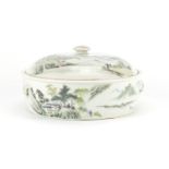 Chinese porcelain pot and cover, hand painted in the famille rose palette with a river landscape