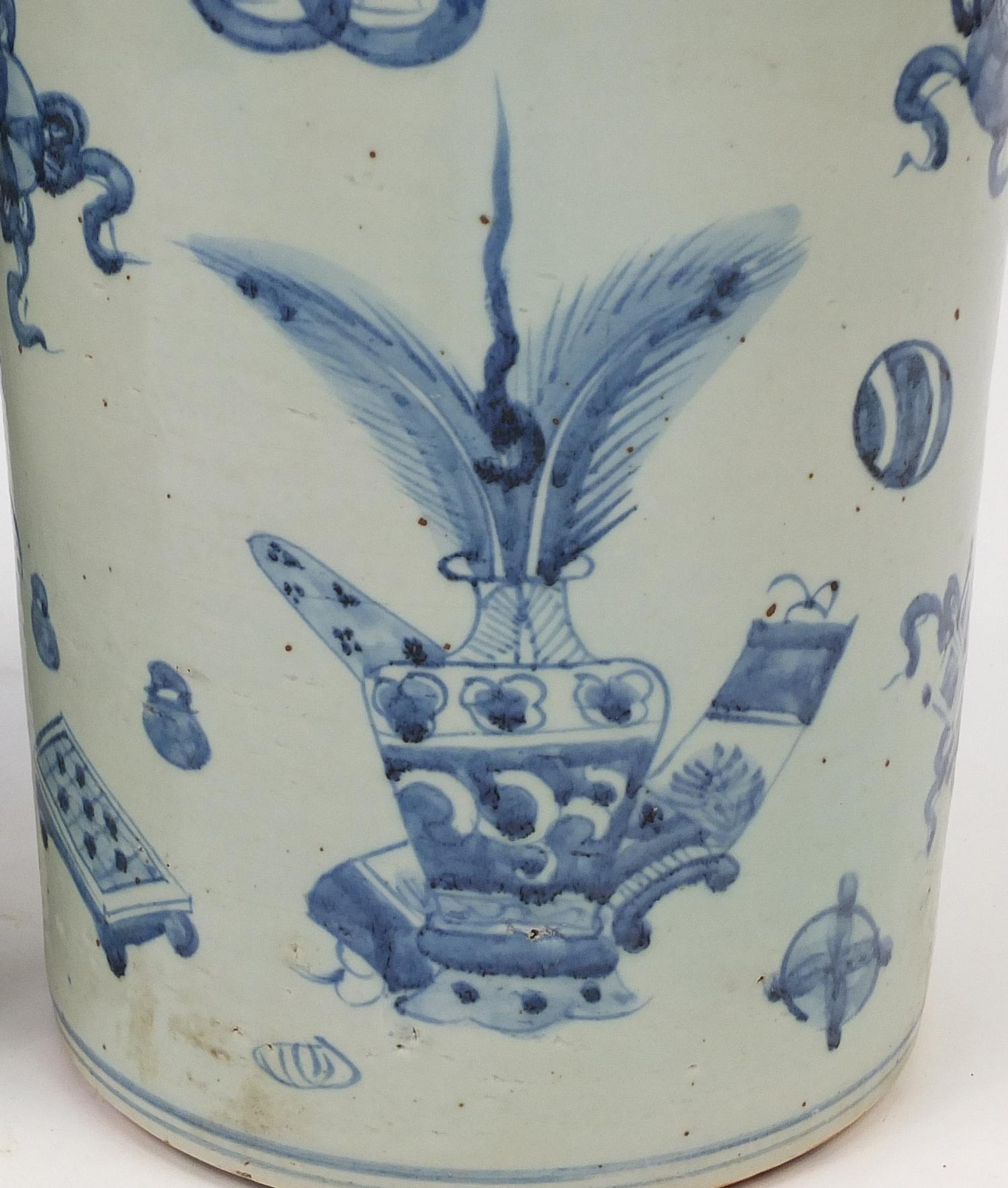 Pair of Chinese blue and white porcelain floor standing vases, hand painted with precious objects, - Image 2 of 4