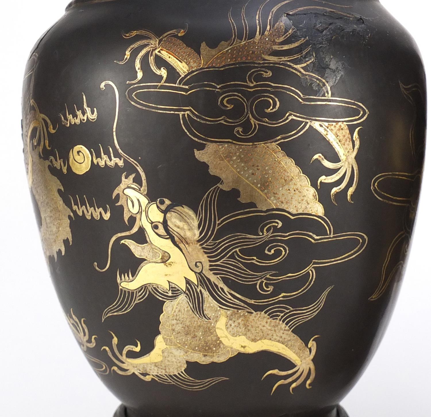 Pair of Chinese papier-mâché vases on stands, both gilded with dragons chasing the flaming pearl, - Image 19 of 23