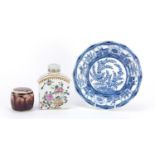 Chinese porcelain including a blue and white plate and a tea caddy, hand painted with flowers, the