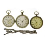 Three gentleman's open face pocket watches and a watch chain including one silver, the largest 5.5cm