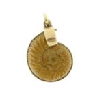 Fossilized Ammonite pendant with unmarked gold mount, 4cm in length, 26.8g :For Further Condition