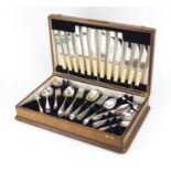 1930's oak six place canteen of Sheffield silver plated cutlery, 46cm wide :For Further Condition