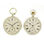 Two Victorian silver J W Benson open face pocket watches, both with subsidiary dials, 5cm in