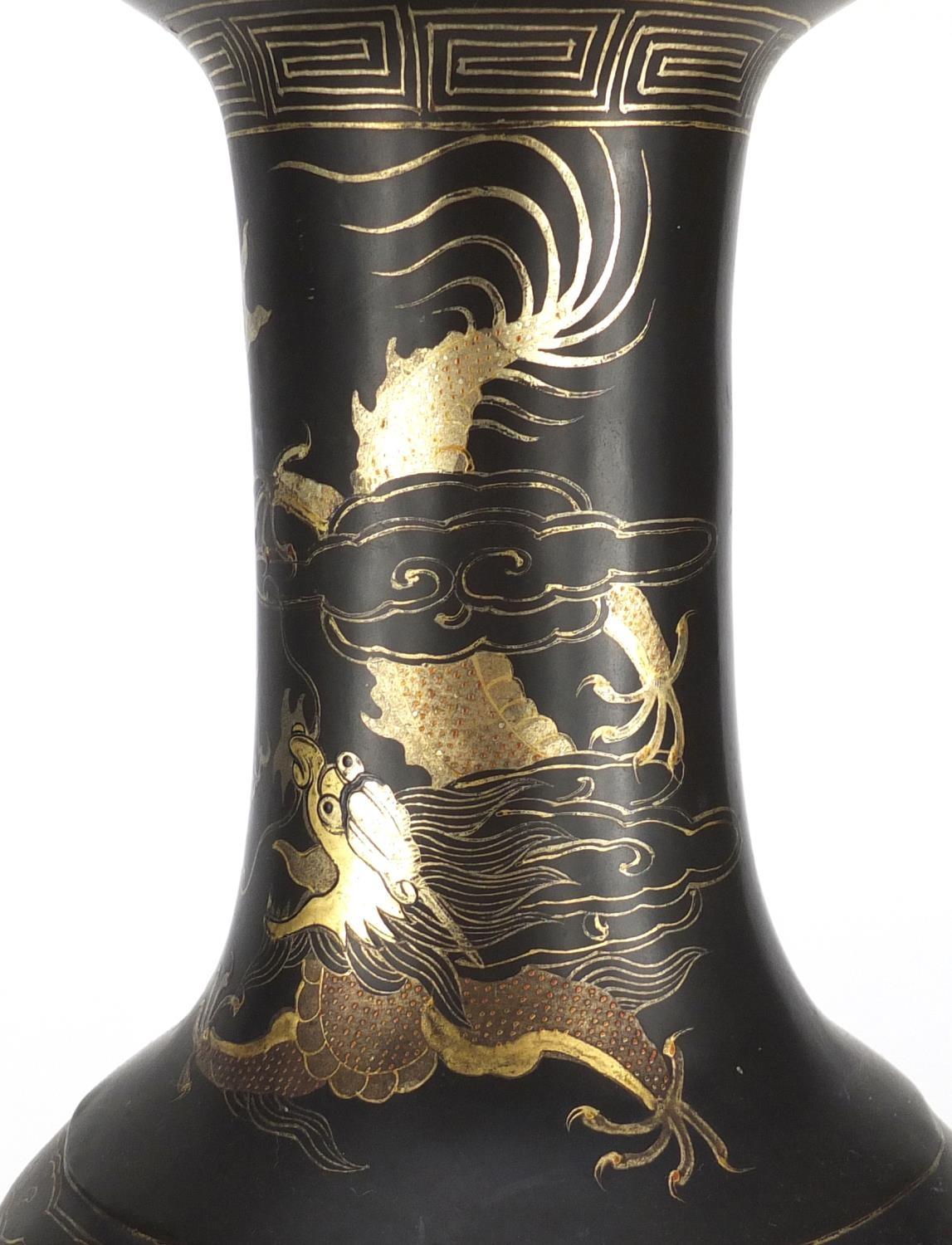 Pair of Chinese papier-mâché vases on stands, both gilded with dragons chasing the flaming pearl, - Image 18 of 23