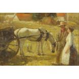 After Alfred James Munnings - Pony and cart with couple chatting, oil on board, The Falcon Gallery