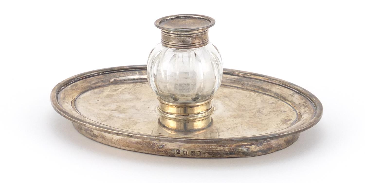 Georgian silver desk stand with cut glass inkwell, indistinct makers mark, London 1785, 16.5cm in