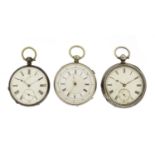 Three gentleman's silver open face pocket watches, the largest 5.2cm in diameter :For Further