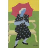 Manner of Milton Avery - Female holding an umbrella on a park bench, gouache, framed, 43.5cm x 38.