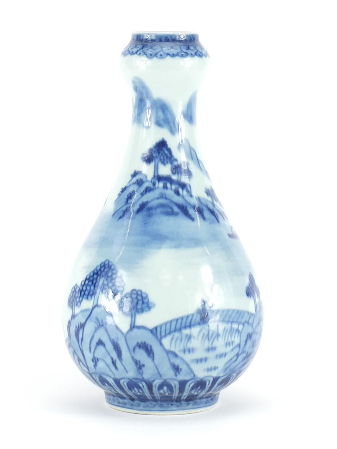 Chinese blue and white porcelain garlic neck vase, hand painted with a river landscape, six figure