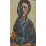 Portrait of a seated female, modernist oil on canvas board, bearing an indistinct monogram