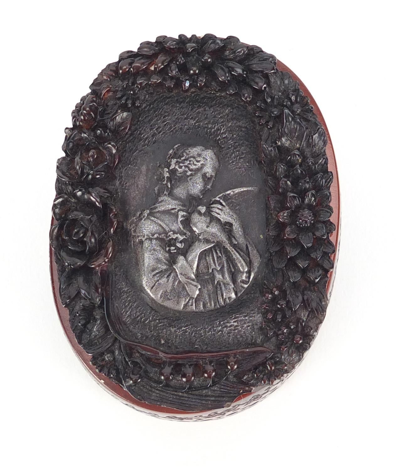 French pressed snuff box, the lift off lid decorated with a female holding a bird, signed to the - Image 2 of 7