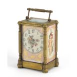 Aesthetic style brass cased carriage clock with Sèvres style panels, hand painted with putti and