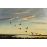 Wilfred Bailey - Ducks in flight over water, oil on canvas, framed, 76cm x 50cm :For Further