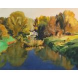 Bob Rudd - River through woodland, watercolour, mounted and framed, 44cm x 35.5cm :For Further