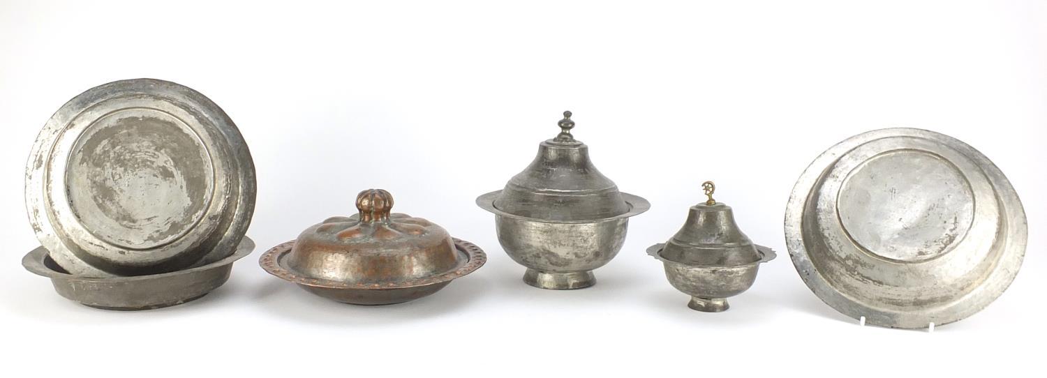 Group of Ottoman metalware including bowls and three pots with covers, the largest 17cm high :For - Image 4 of 5