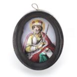 Antique Russian enamel icon hand painted with a St Joseph, housed in an ebonised framed, script to