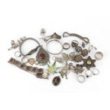 Silver and white metal jewellery including bracelets, brooches, rings and ladies marcasite