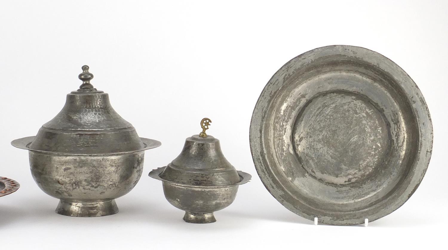 Group of Ottoman metalware including bowls and three pots with covers, the largest 17cm high :For - Image 3 of 5