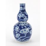 Chinese blue and white porcelain double gourd vase hand painted with prunus flowers, four figure